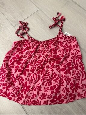 Old Navy Pink and Red Printed Top with Braided Ties. NWT Size L